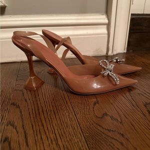 Amina Muaddi Tan Heels with Crystal Bow
